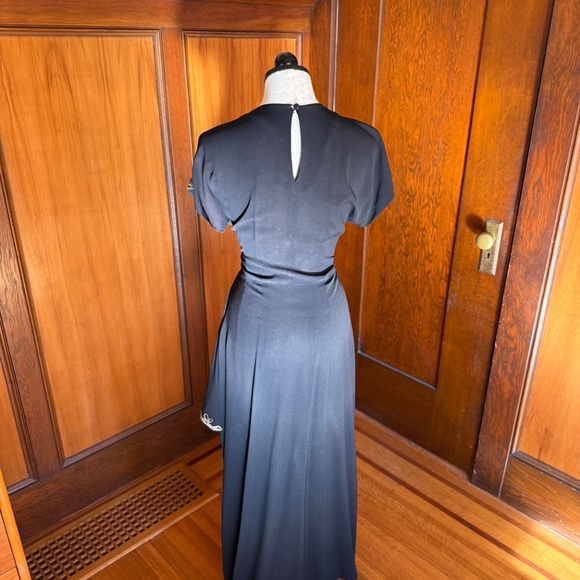 Vintage 40s 1940s Gown Maxi Dress, Black Gold Sequin, Asymmetrical Peplum Rayon - Picture 4 of 8